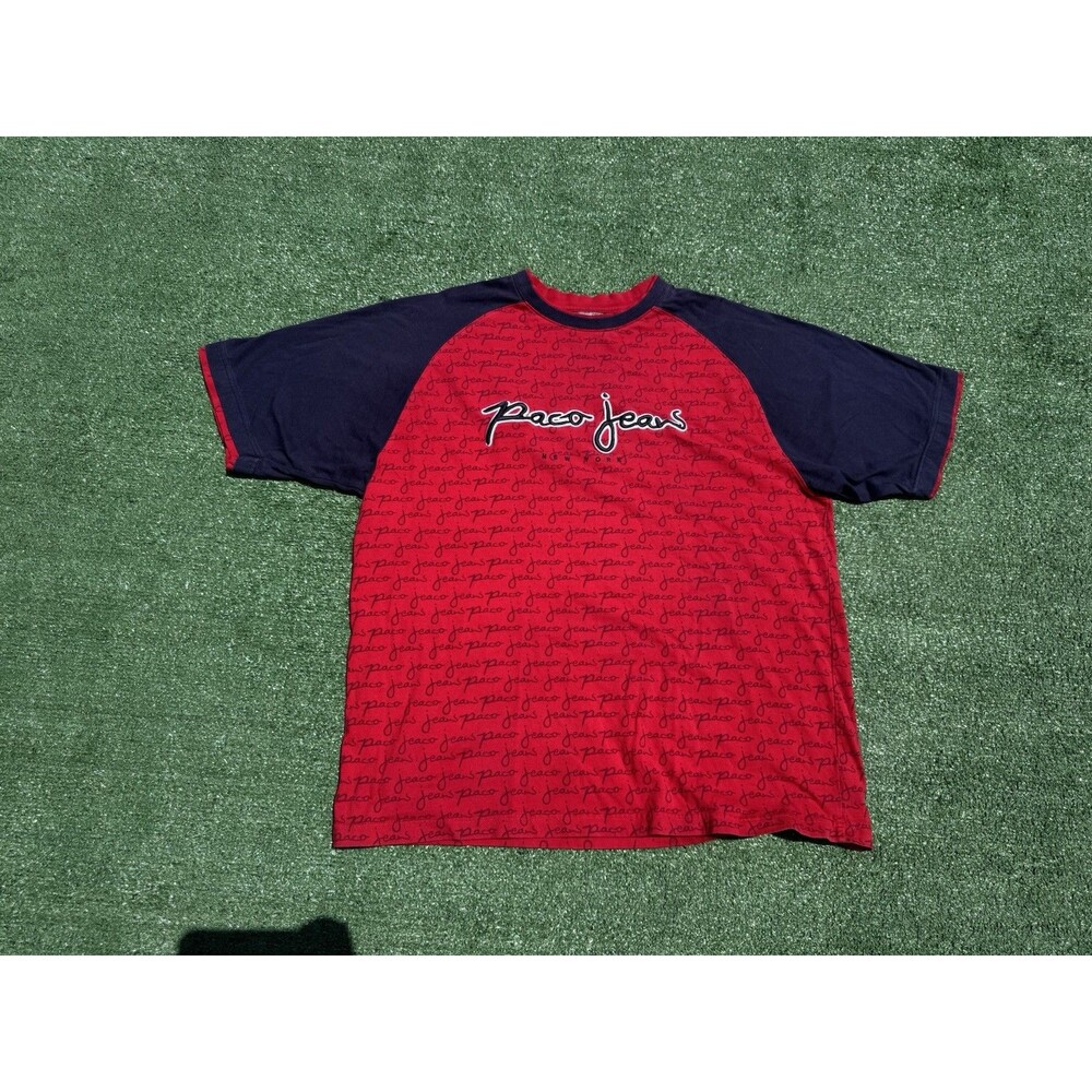 Elite Jeans PACO Jeans Spell out AOP Short Sleeve Mens XXL T-shirt Red & Blue